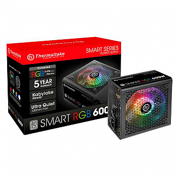 Fonte Thermaltake 600W Smart RGB 80 Plus + Fan Hub/Sleeved Cable - PS-SPR-0600NHFAWB-1